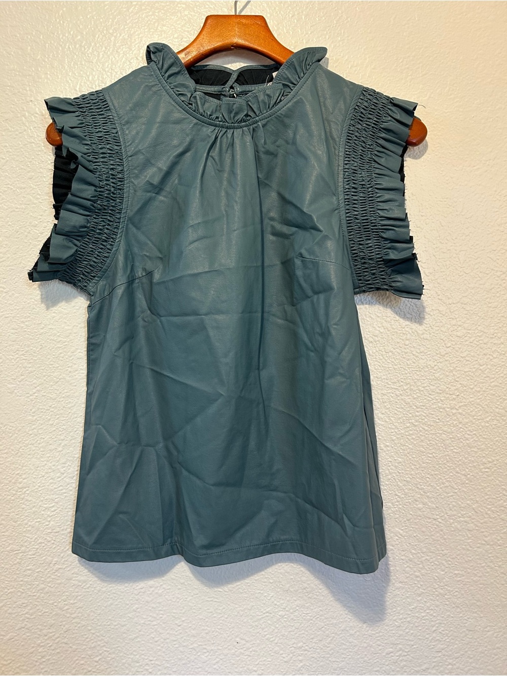 THML faux leather Teal Mock Neck Ruffle Sleeve Top